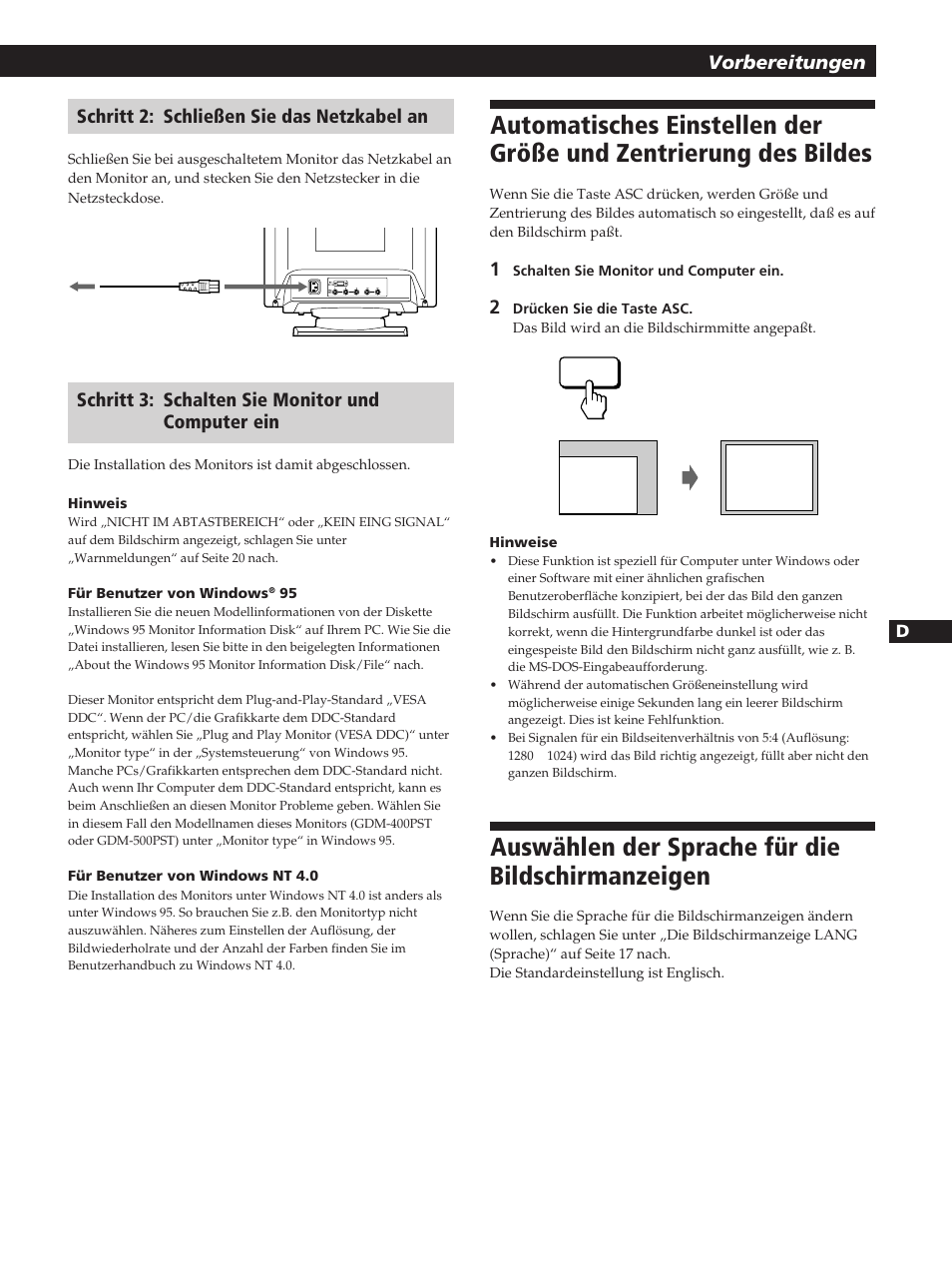 Auswählen der sprache für die bildschirmanzeigen, Getting started vorbereitungen, Schritt 2: schließen sie das netzkabel an | Schritt 3: schalten sie monitor und computer ein | Sony GDM-400PST User Manual | Page 47 / 104