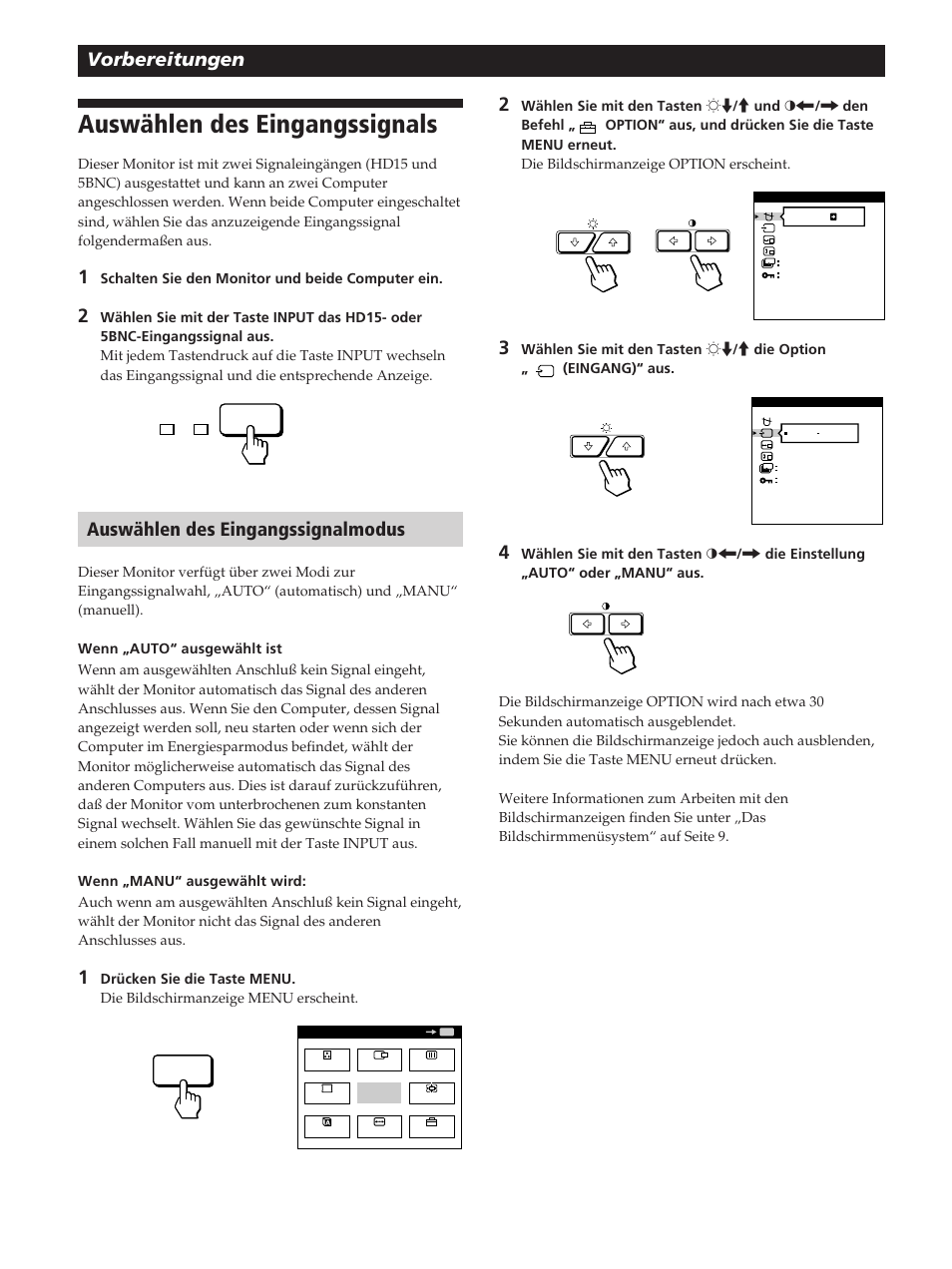 Auswählen des eingangssignals, Vorbereitungen 2, Auswählen des eingangssignalmodus | Sony GDM-400PST User Manual | Page 48 / 104