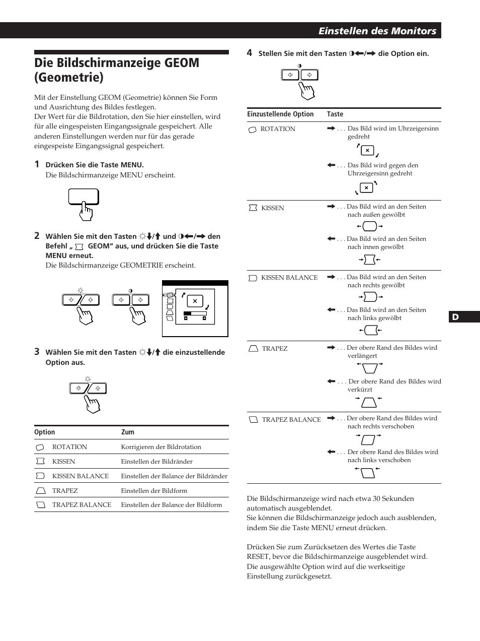 Die bildschirmanzeige geom (geometrie), Einstellen des monitors | Sony GDM-400PST User Manual | Page 51 / 104