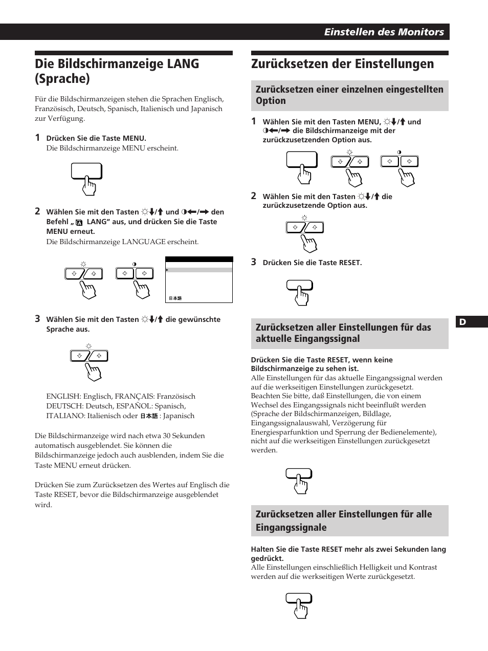 Zurücksetzen der einstellungen, Die bildschirmanzeige lang (sprache) | Sony GDM-400PST User Manual | Page 57 / 104