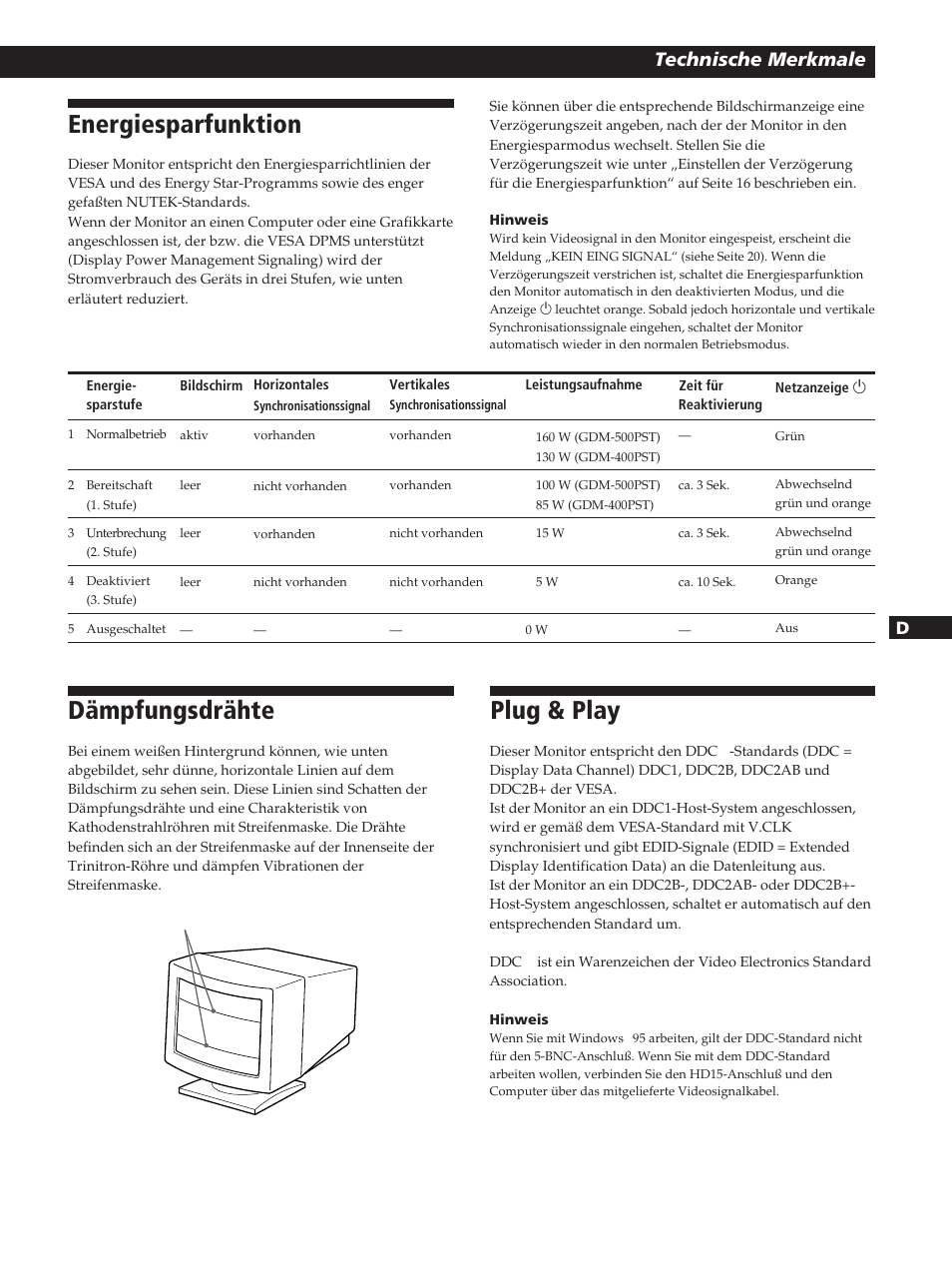 Energiesparfunktion, Dämpfungsdrähte, Plug & play | Technische merkmale | Sony GDM-400PST User Manual | Page 59 / 104