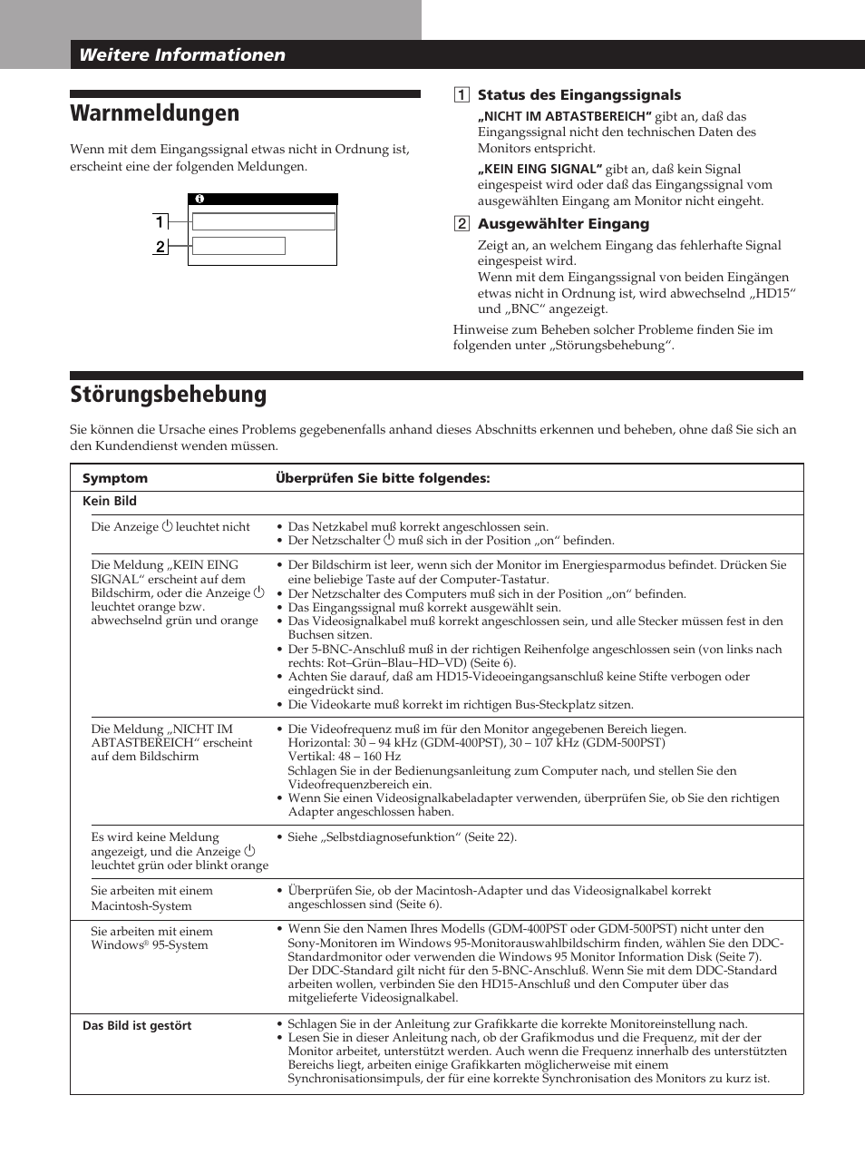 Warnmeldungen, Störungsbehebung, Weitere informationen | Sony GDM-400PST User Manual | Page 60 / 104