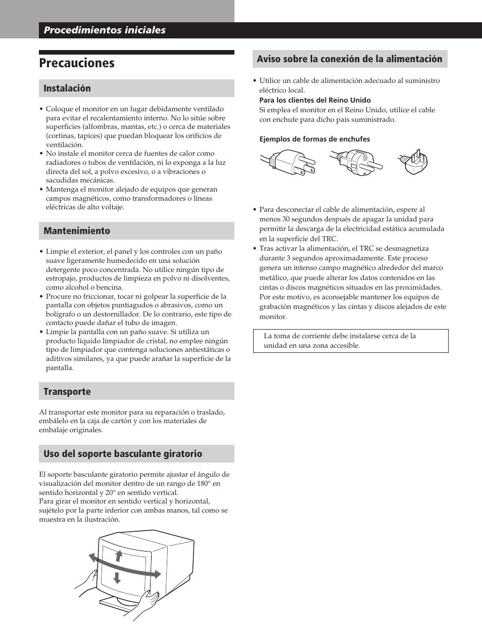 Precauciones, Procedimientos iniciales, Instalación | Mantenimiento, Transporte, Uso del soporte basculante giratorio | Sony GDM-400PST User Manual | Page 64 / 104