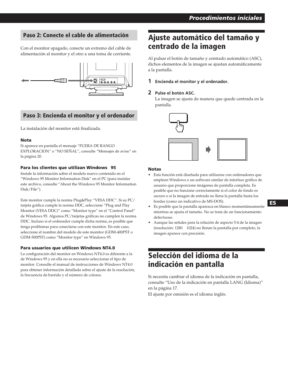 Selección del idioma de la indicación en pantalla, Procedimientos iniciales, Paso 2: conecte el cable de alimentación | Paso 3: encienda el monitor y el ordenador | Sony GDM-400PST User Manual | Page 67 / 104