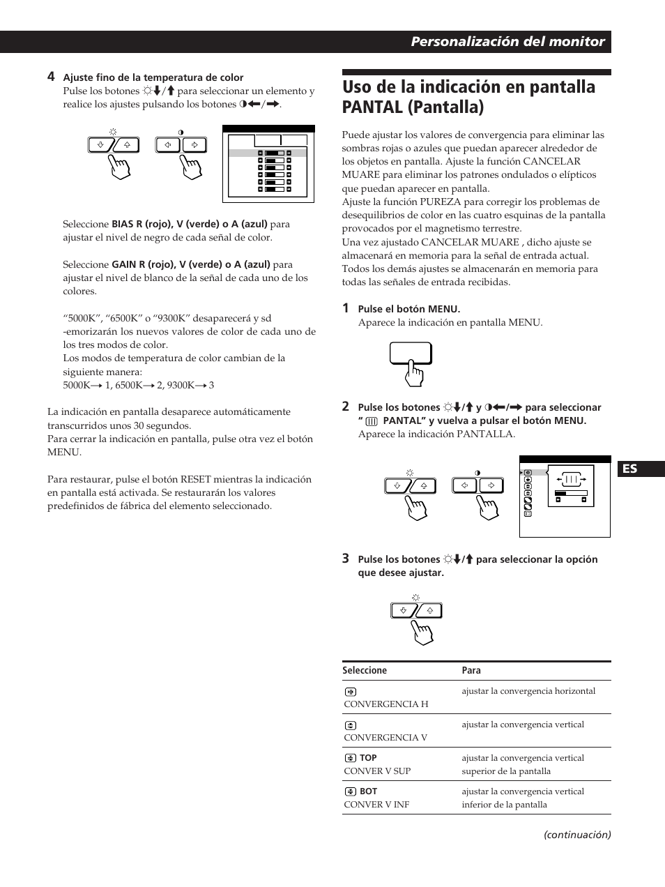 Uso de la indicación en pantalla pantal (pantalla), Personalización del monitor | Sony GDM-400PST User Manual | Page 73 / 104