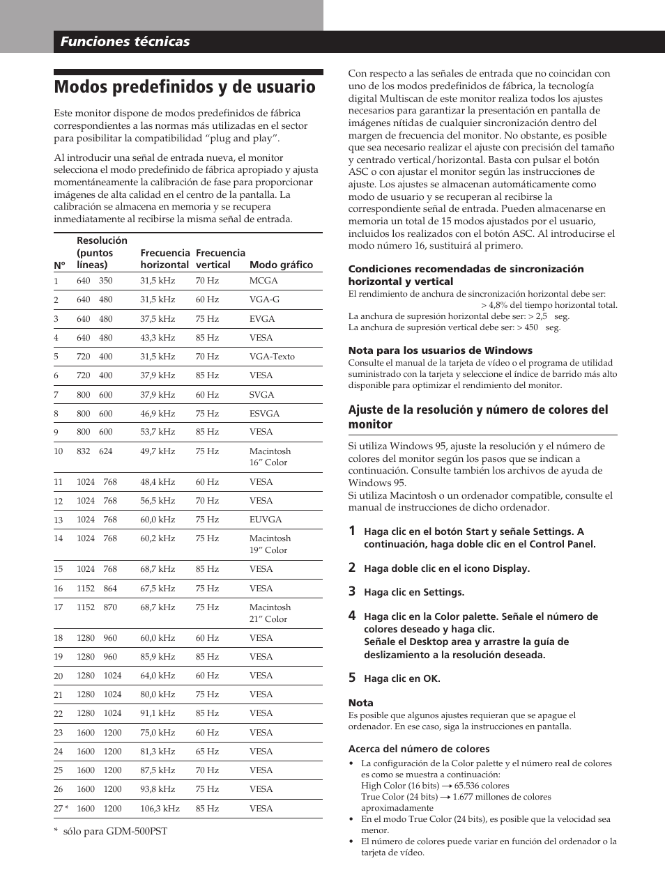 Modos predefinidos y de usuario, Funciones técnicas | Sony GDM-400PST User Manual | Page 78 / 104