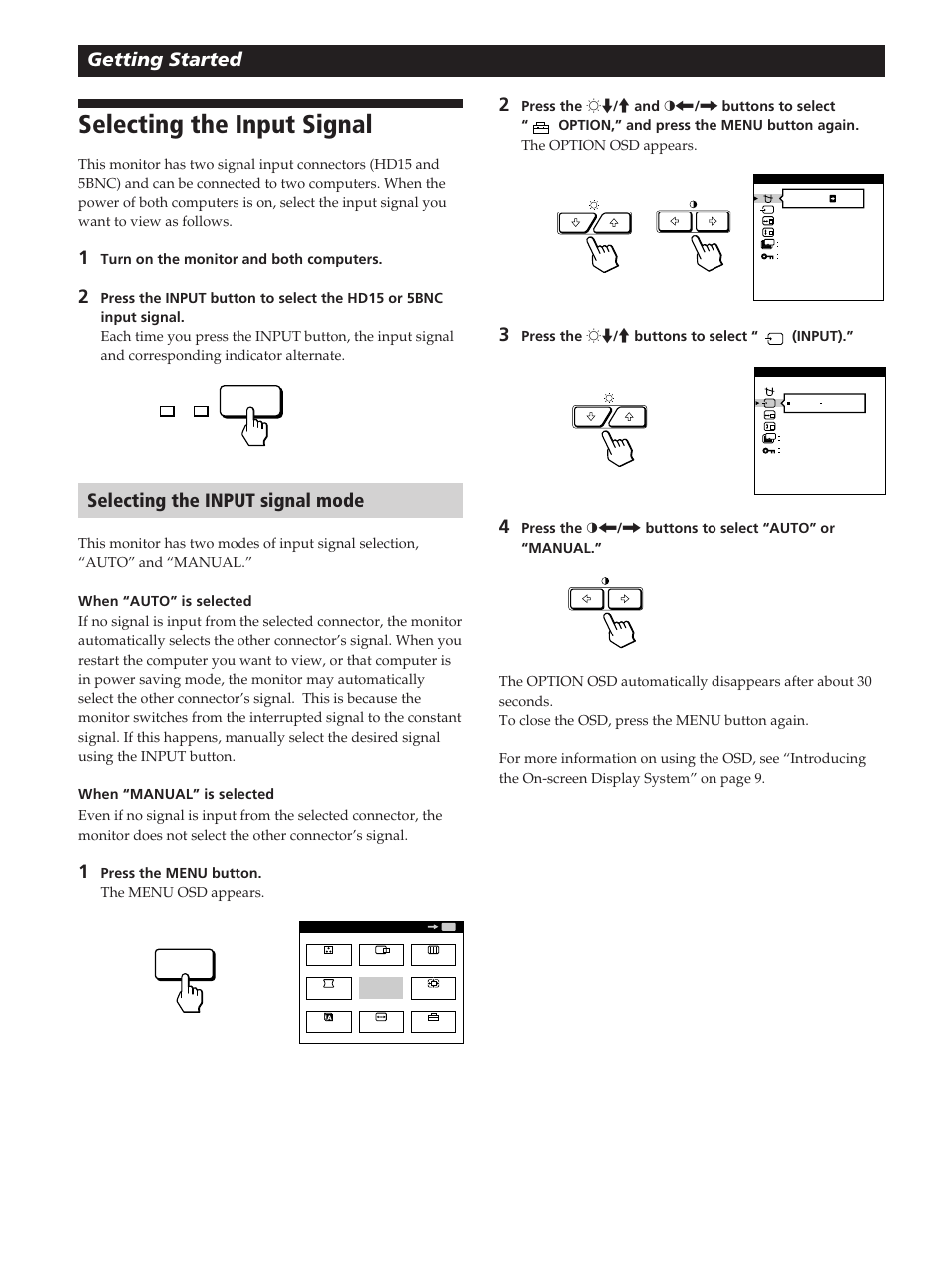 Selecting the input signal, Getting started, Selecting the input signal mode | Sony GDM-400PST User Manual | Page 8 / 104