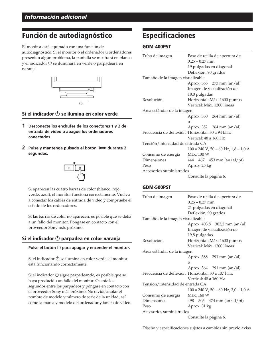 Función de autodiagnóstico, Especificaciones, Información adicional | Sony GDM-400PST User Manual | Page 82 / 104