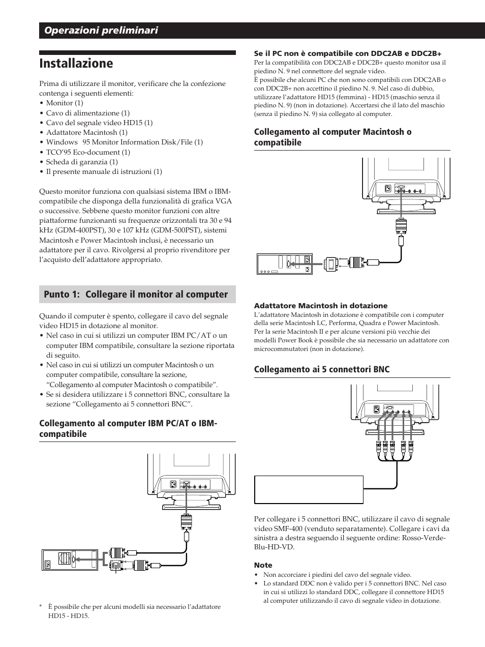 Installazione, Operazioni preliminari, Punto 1: collegare il monitor al computer | Sony GDM-400PST User Manual | Page 86 / 104