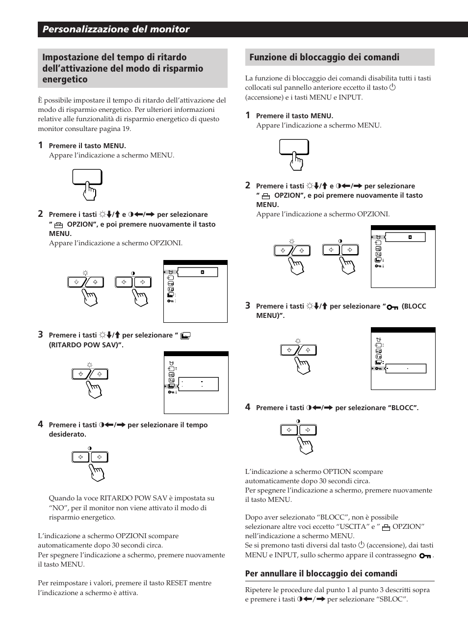 Per annullare il bloccaggio dei comandi | Sony GDM-400PST User Manual | Page 96 / 104