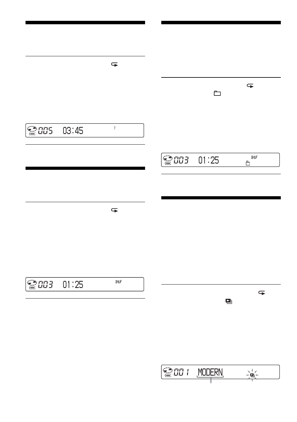 Playing a single track (single play), Playing tracks in random order (shuffle play), Modern | Playing a single track, 45 playing tracks in random order, 25 playing your favorite play lists | Sony Model D-NE900 User Manual | Page 20 / 44
