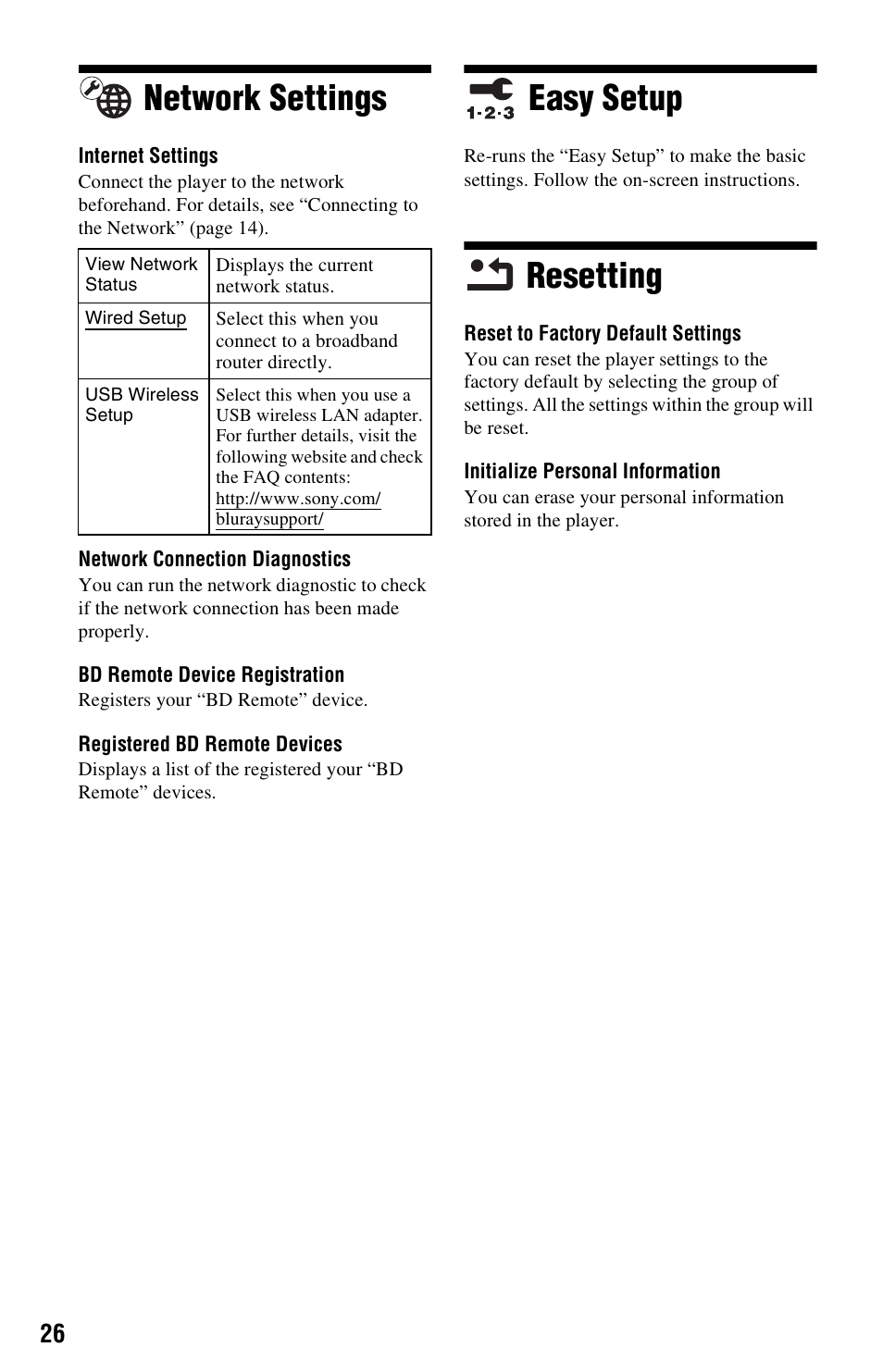 Network settings, Easy setup, Resetting | Network settings easy setup resetting | Sony BDP-BX37 User Manual | Page 26 / 39