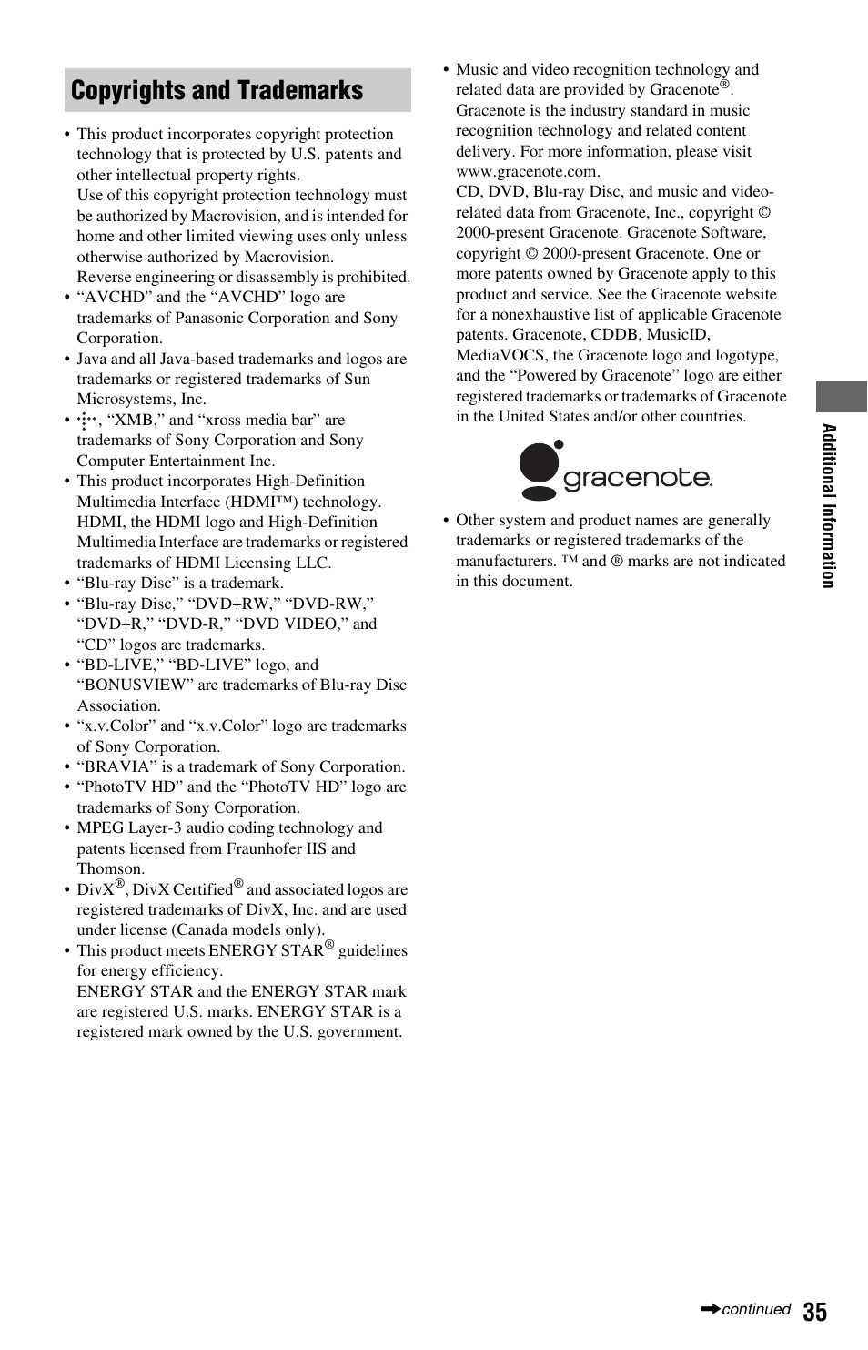 Copyrights and trademarks | Sony BDP-BX37 User Manual | Page 35 / 39