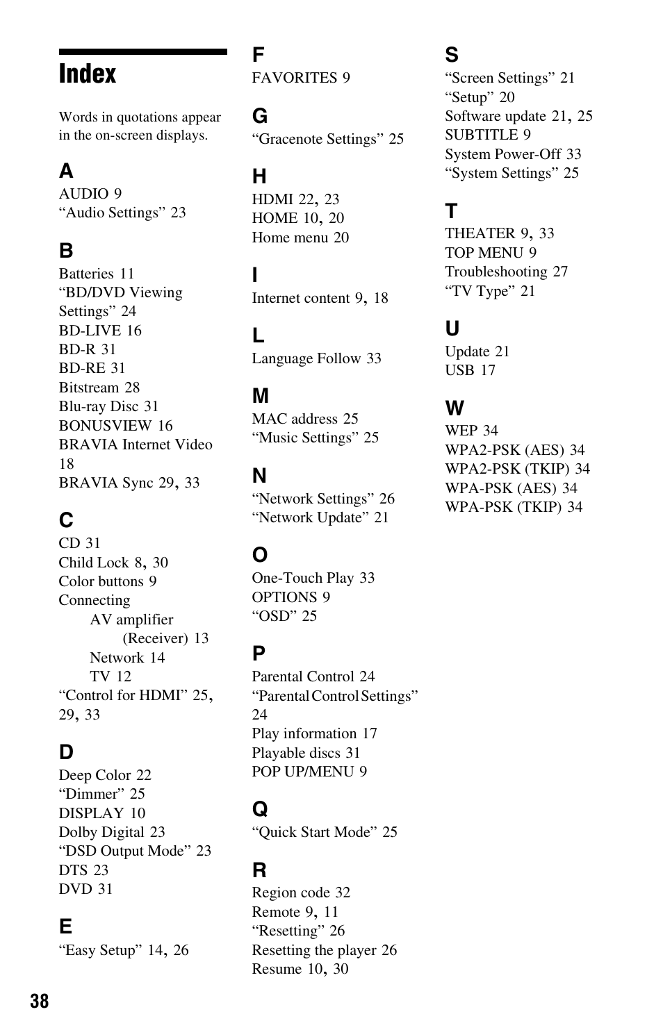Index | Sony BDP-BX37 User Manual | Page 38 / 39