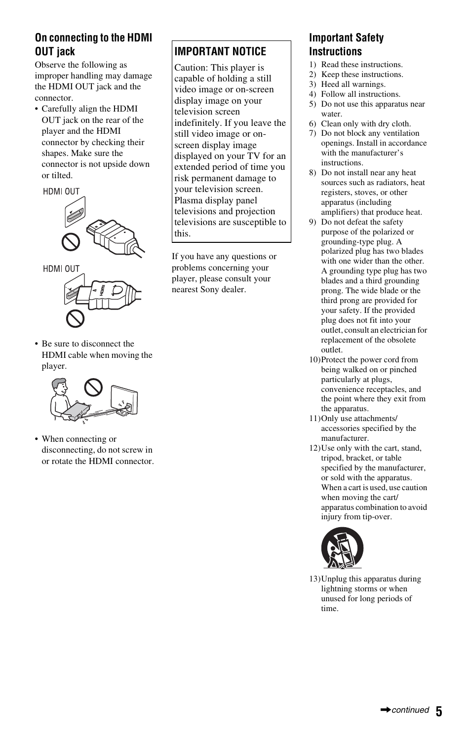 On connecting to the hdmi out jack, Important safety instructions, Important notice | Sony BDP-BX37 User Manual | Page 5 / 39