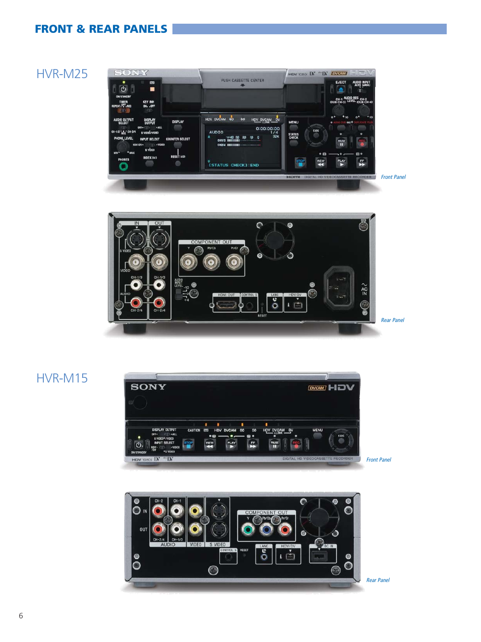 Hvr-m25 hvr-m15, Front & rear panels | Sony HDV 1080I HVR-M15N/M15P User Manual | Page 6 / 8