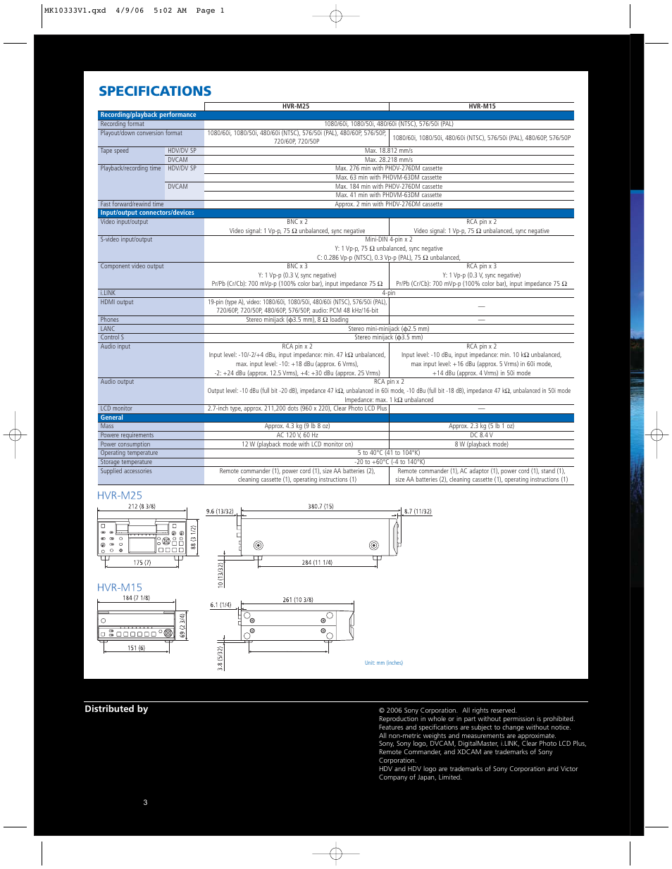 Specifications, Distributed by | Sony HDV 1080I HVR-M15N/M15P User Manual | Page 8 / 8