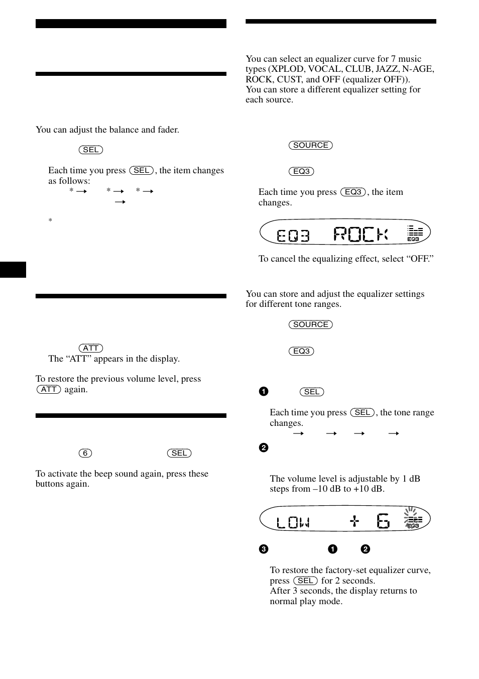 Other functions, Adjusting the balance and fader, Quickly attenuating the sound | Cancelling the beep sound, Setting the equalizer (eq3) | Sony CDX-L490X User Manual | Page 12 / 52
