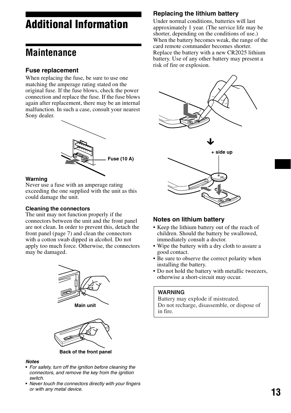 Additional information, Maintenance | Sony CDX-L490X User Manual | Page 13 / 52