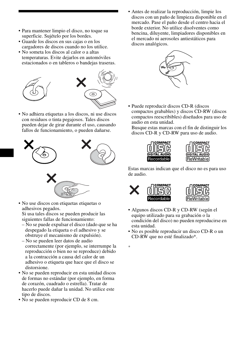 Notas sobre los discos, 6notas sobre los discos | Sony CDX-L490X User Manual | Page 22 / 52