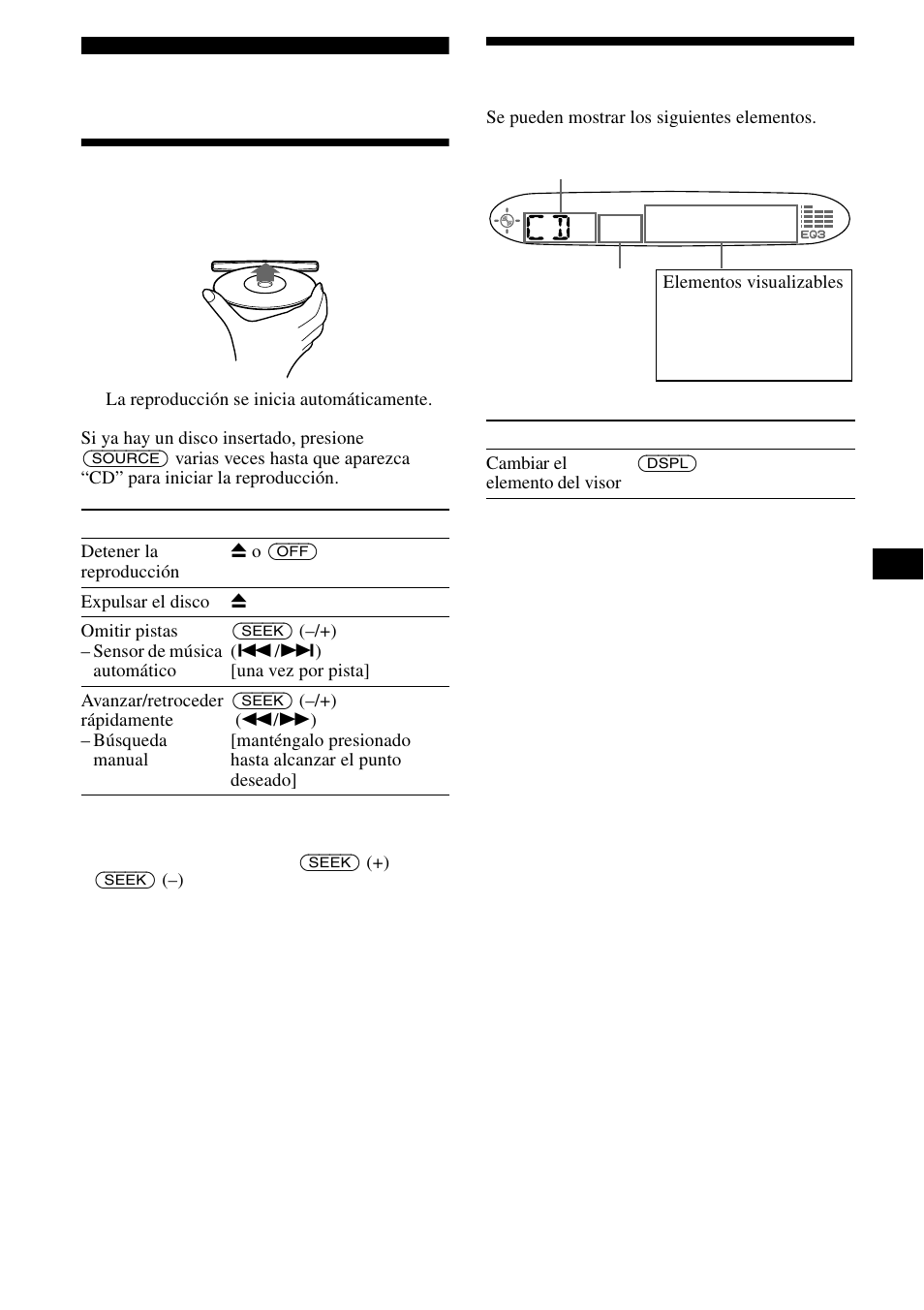 Reproductor de cd, Reproducción de discos, Elementos del visor | Reproducción de discos elementos del visor | Sony CDX-L490X User Manual | Page 25 / 52