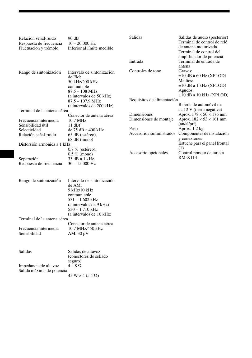 Especificaciones, 16 especificaciones | Sony CDX-L490X User Manual | Page 32 / 52