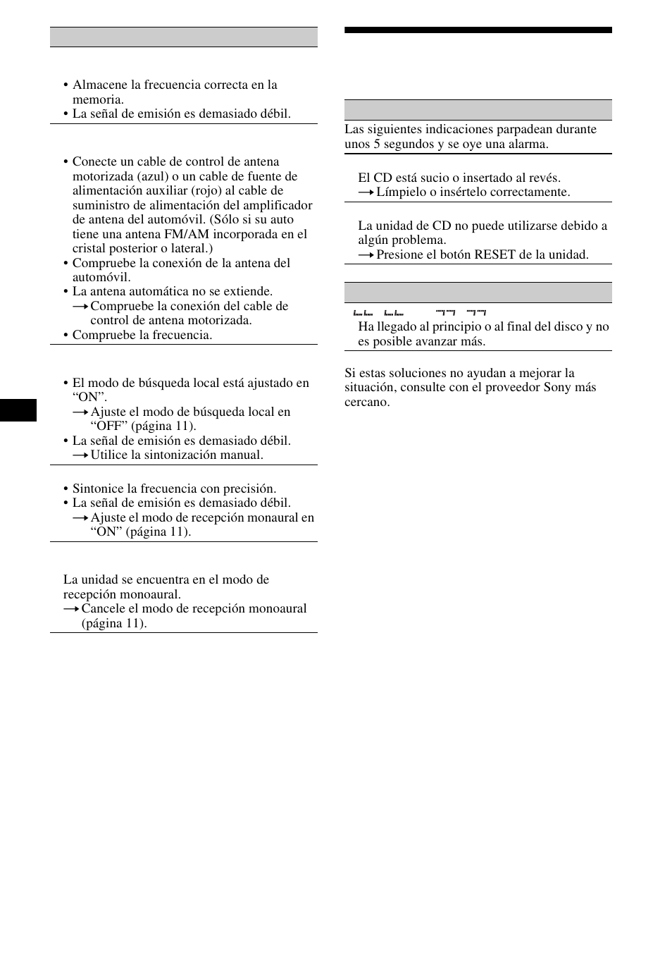 Mensajes/indicaciones de error, 18 mensajes/indicaciones de error | Sony CDX-L490X User Manual | Page 34 / 52