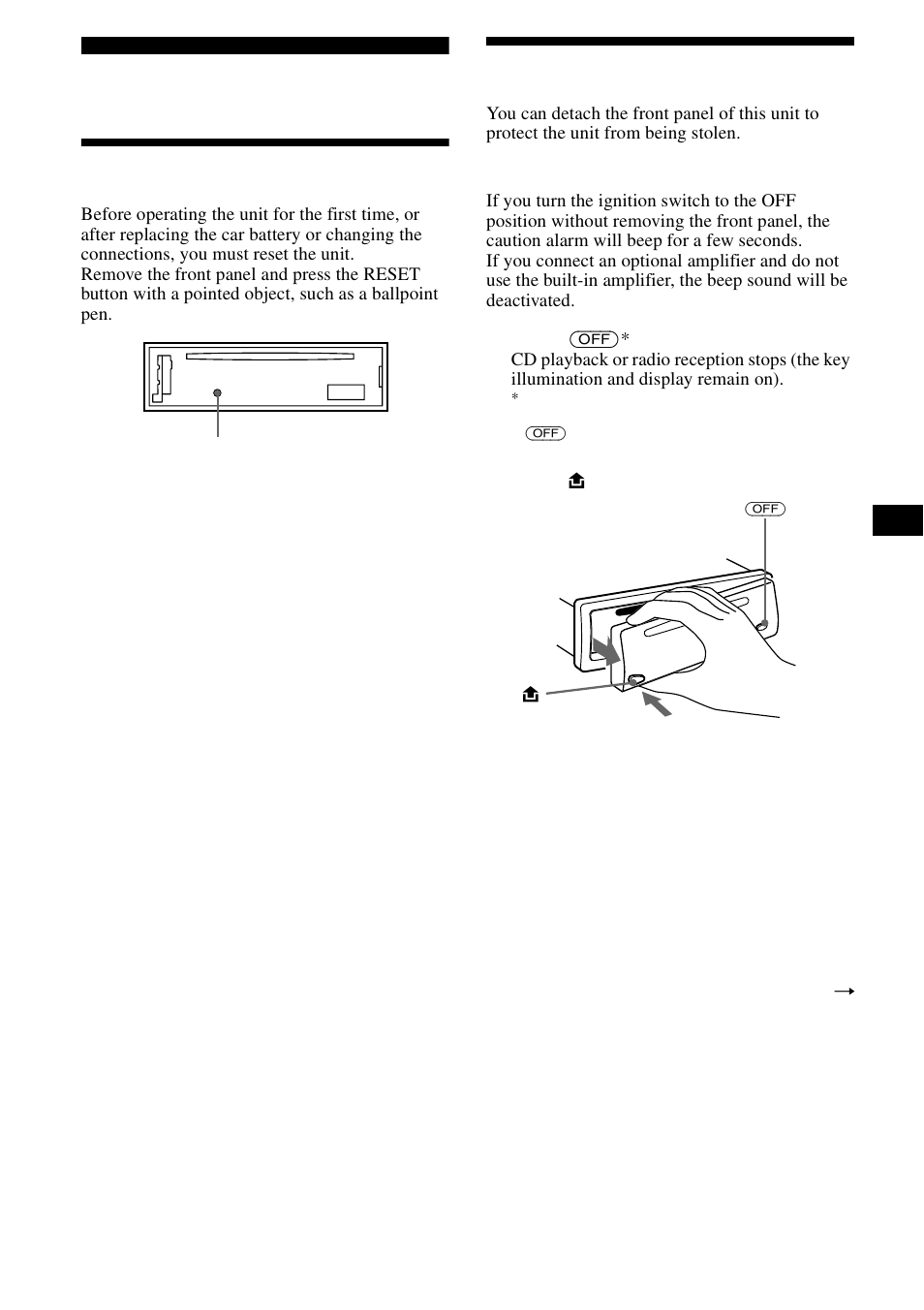 Getting started, Resetting the unit, Detaching the front panel | Resetting the unit detaching the front panel, On 7 | Sony CDX-L490X User Manual | Page 7 / 52