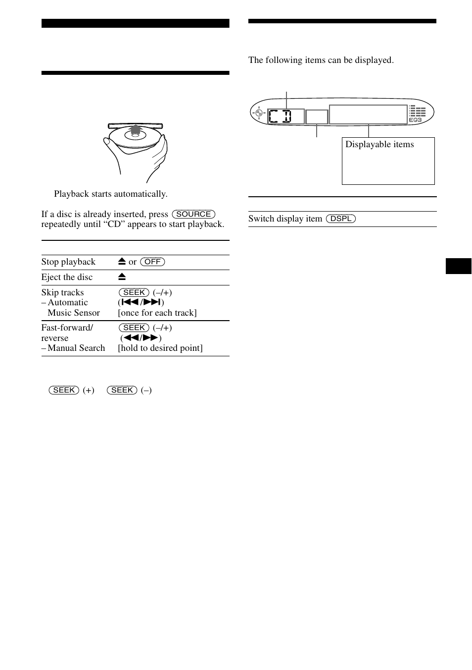 Cd player, Playing a disc, Display items | Playing a disc display items | Sony CDX-L490X User Manual | Page 9 / 52