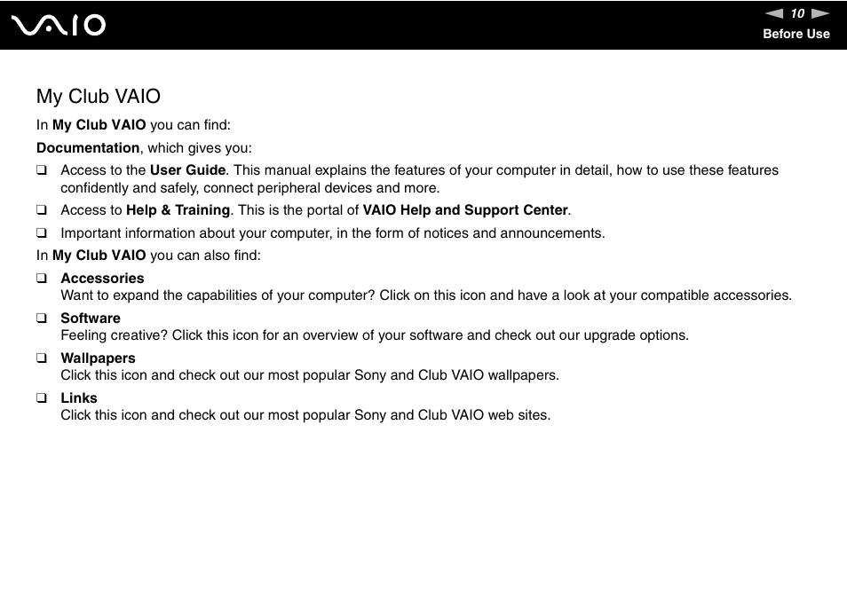 My club vaio | Sony VGN-FS Series User Manual | Page 10 / 150