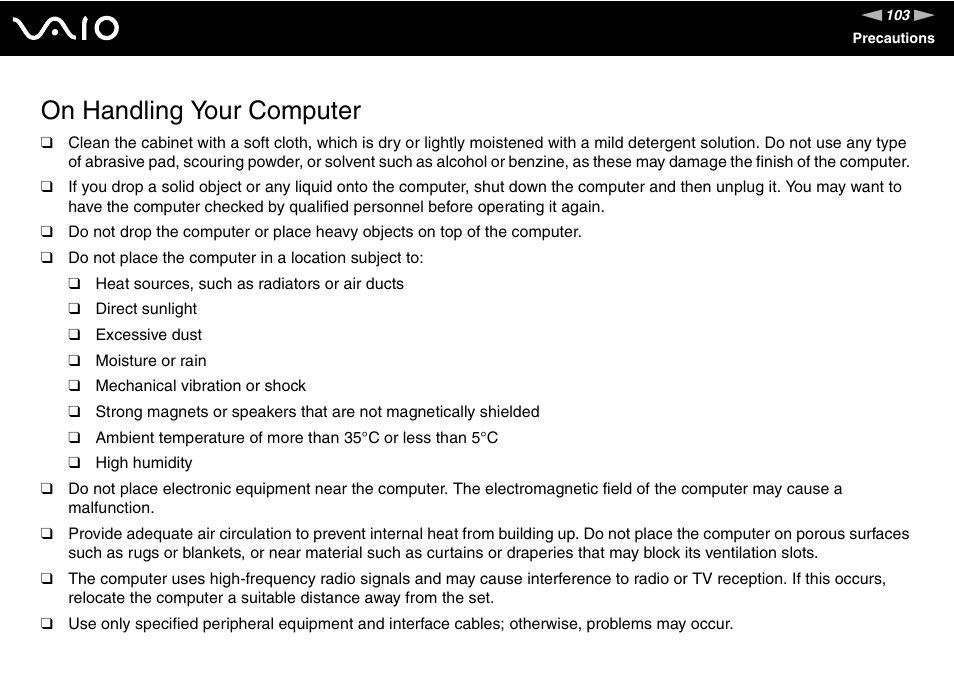 On handling your computer | Sony VGN-FS Series User Manual | Page 103 / 150
