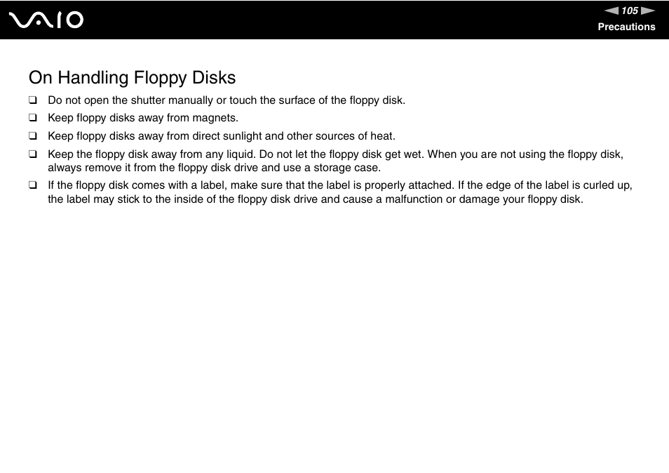 On handling floppy disks | Sony VGN-FS Series User Manual | Page 105 / 150