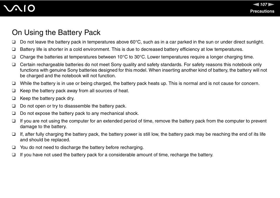 On using the battery pack | Sony VGN-FS Series User Manual | Page 107 / 150