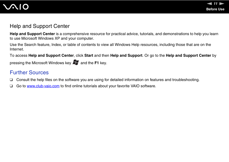 Help and support center, Further sources | Sony VGN-FS Series User Manual | Page 11 / 150