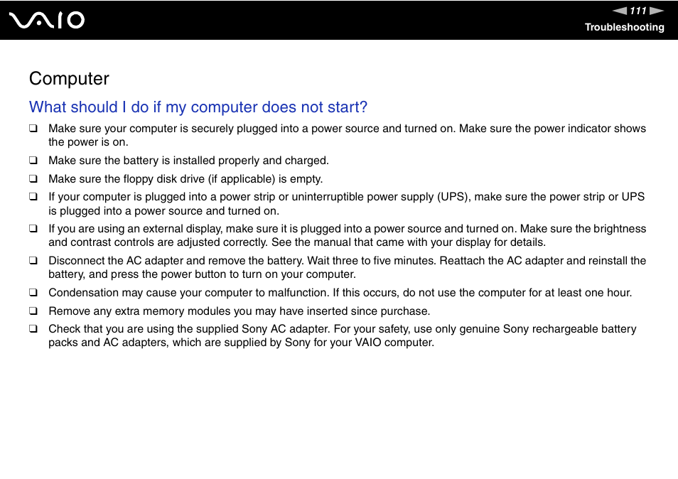 Computer, What should i do if my computer does not start | Sony VGN-FS Series User Manual | Page 111 / 150