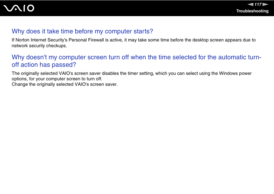 Why does it take time before my computer starts | Sony VGN-FS Series User Manual | Page 117 / 150