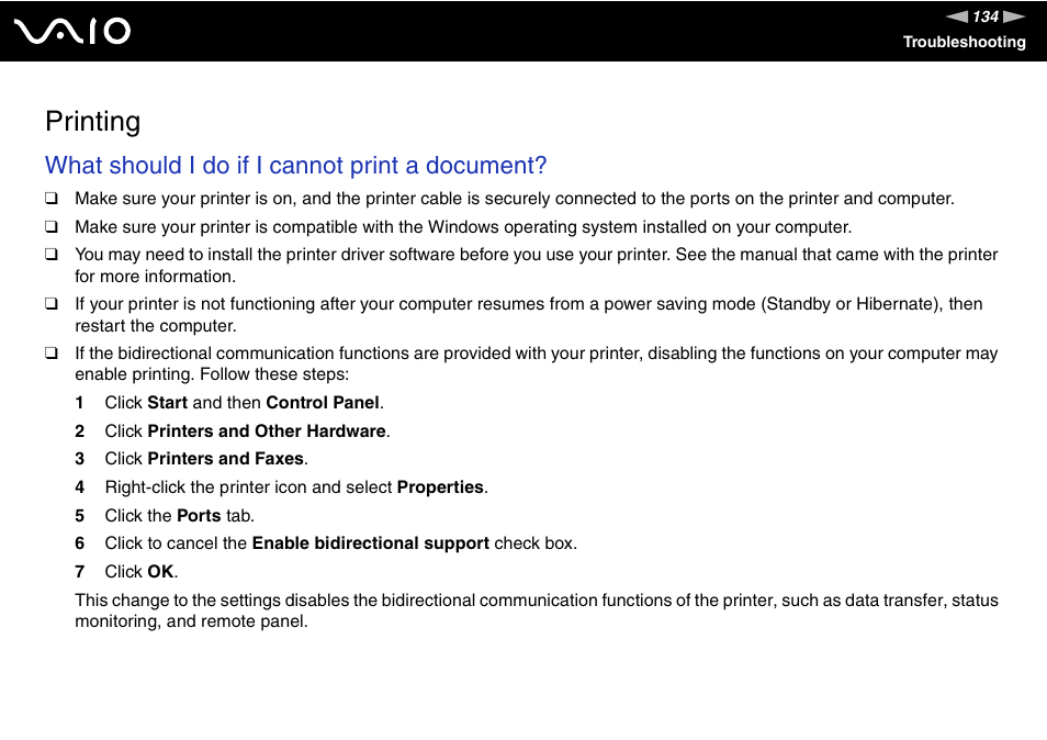 Printing, Inting, What should i do if i cannot print a document | Sony VGN-FS Series User Manual | Page 134 / 150