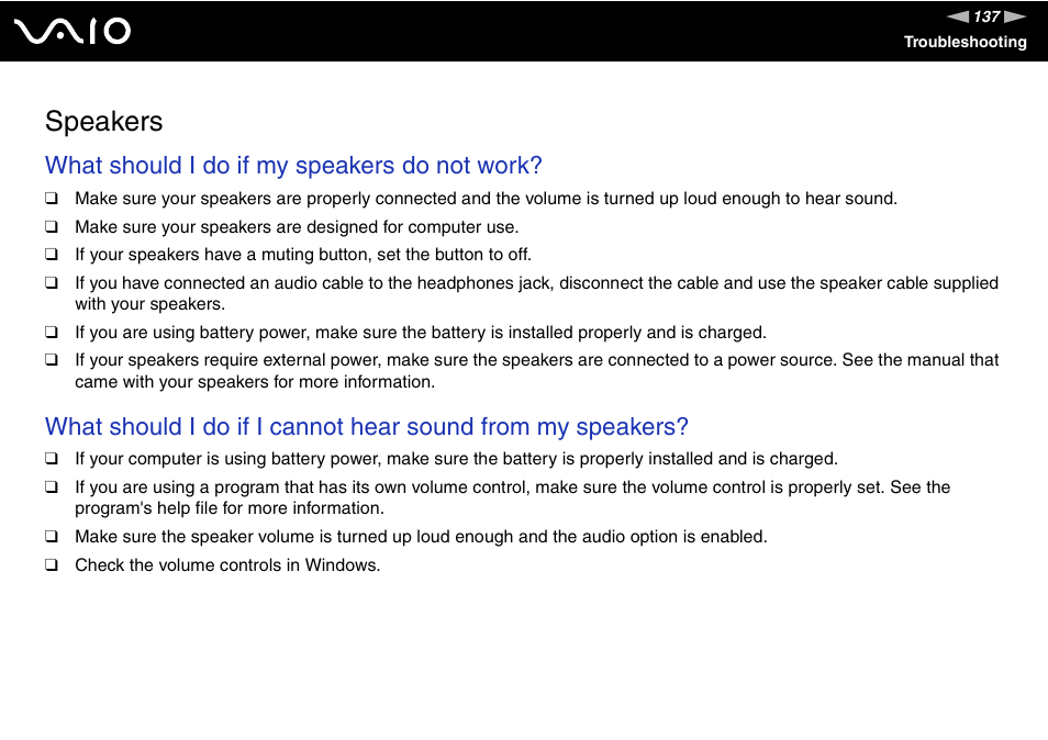 Speakers, What should i do if my speakers do not work | Sony VGN-FS Series User Manual | Page 137 / 150