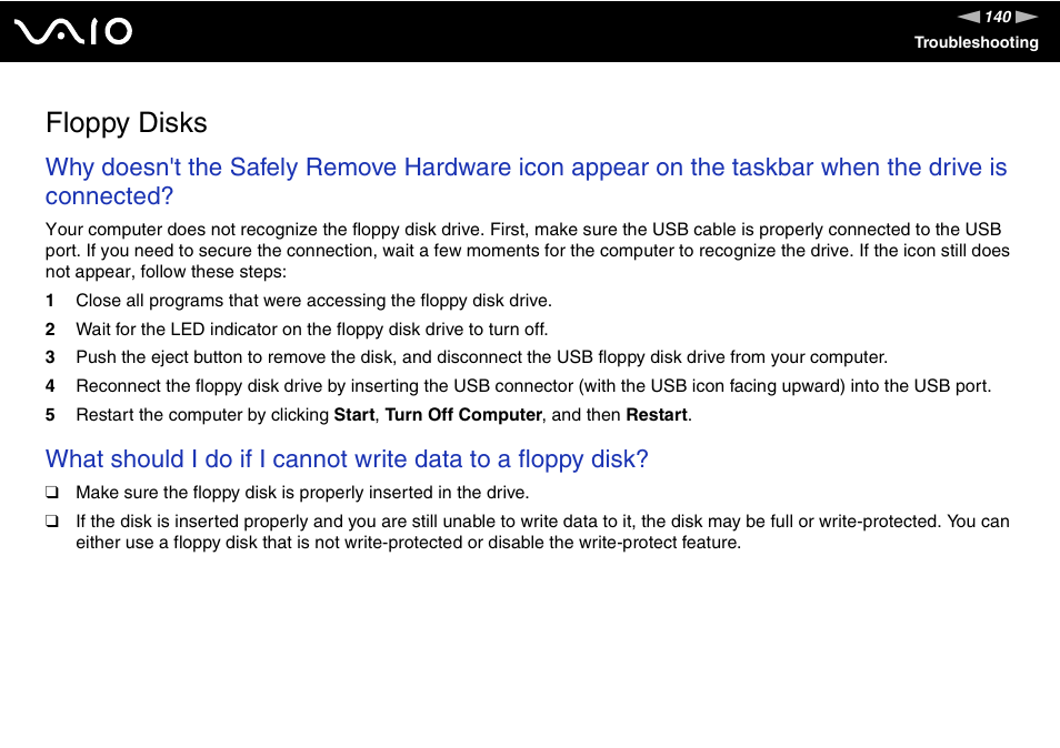 Floppy disks | Sony VGN-FS Series User Manual | Page 140 / 150