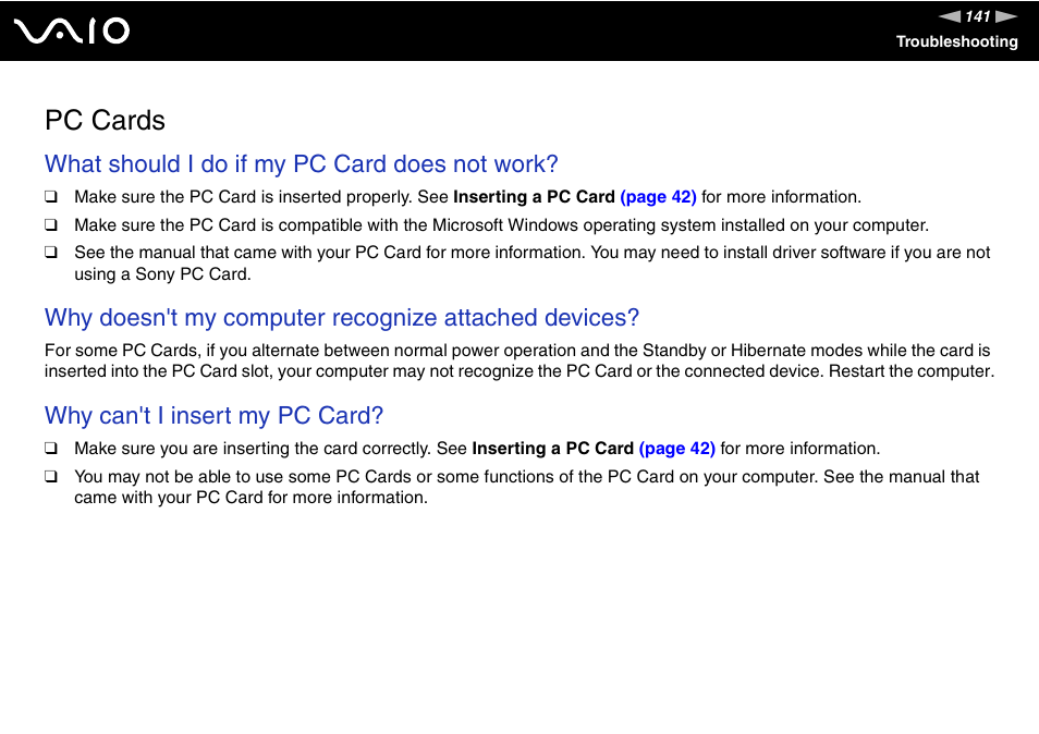 Pc cards, What should i do if my pc card does not work, Why doesn't my computer recognize attached devices | Why can't i insert my pc card | Sony VGN-FS Series User Manual | Page 141 / 150