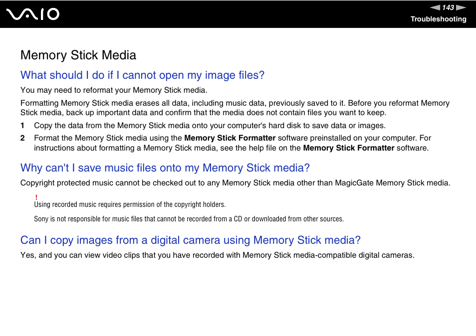 Memory stick media, What should i do if i cannot open my image files | Sony VGN-FS Series User Manual | Page 143 / 150