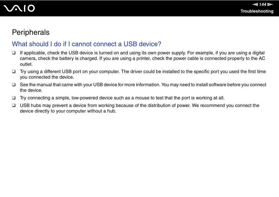 Peripherals, What should i do if i cannot connect a usb device | Sony VGN-FS Series User Manual | Page 144 / 150