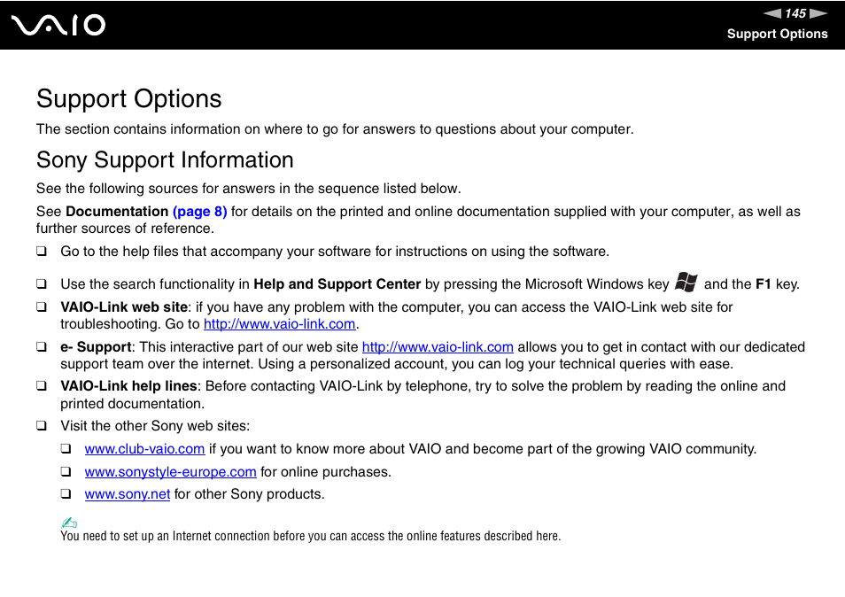 Support options, Sony support information | Sony VGN-FS Series User Manual | Page 145 / 150