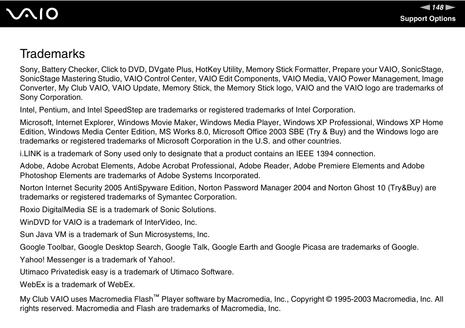 Trademarks | Sony VGN-FS Series User Manual | Page 148 / 150