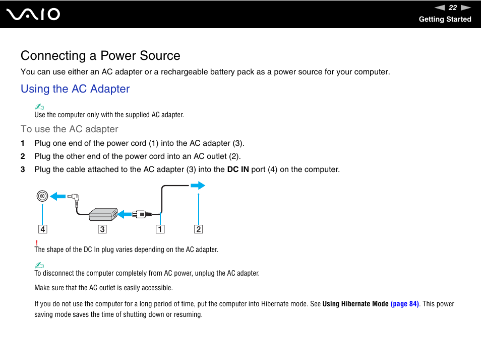 Connecting a power source, Using the ac adapter | Sony VGN-FS Series User Manual | Page 22 / 150