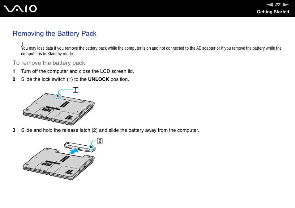 Removing the battery pack | Sony VGN-FS Series User Manual | Page 27 / 150