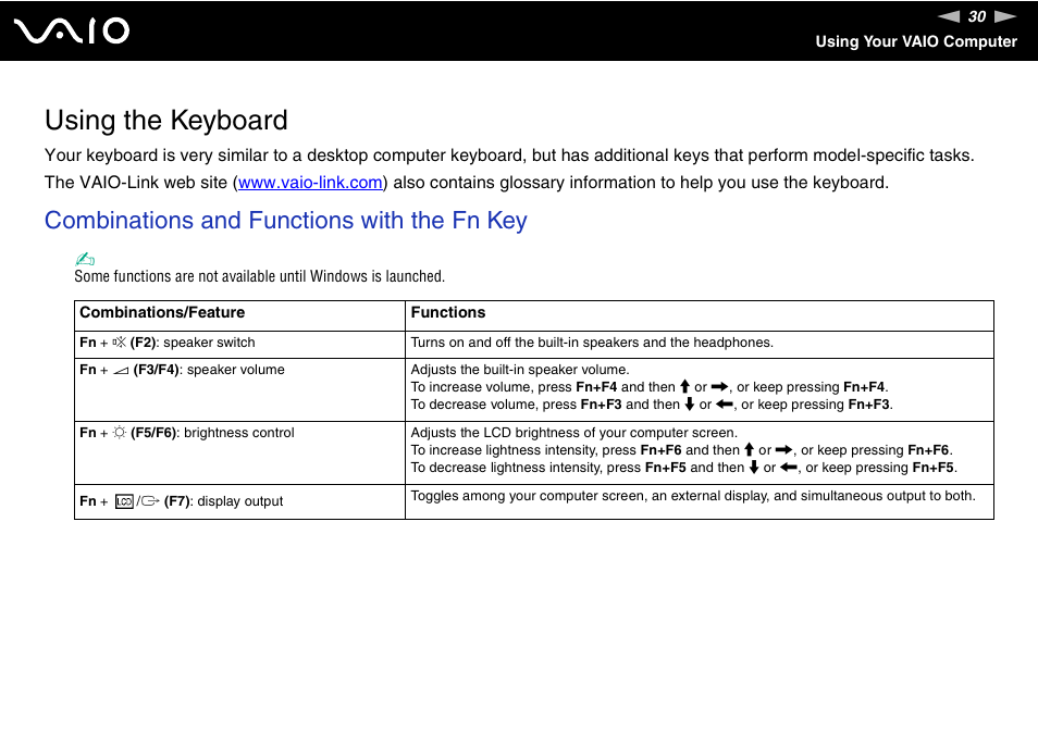Using the keyboard, Combinations and functions with the fn key | Sony VGN-FS Series User Manual | Page 30 / 150