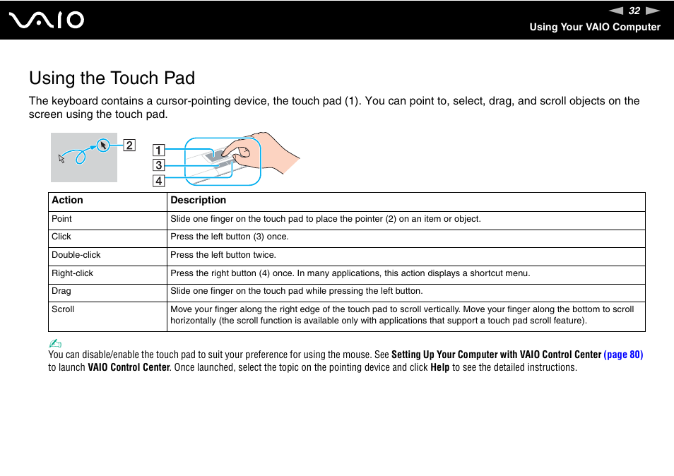 Using the touch pad | Sony VGN-FS Series User Manual | Page 32 / 150
