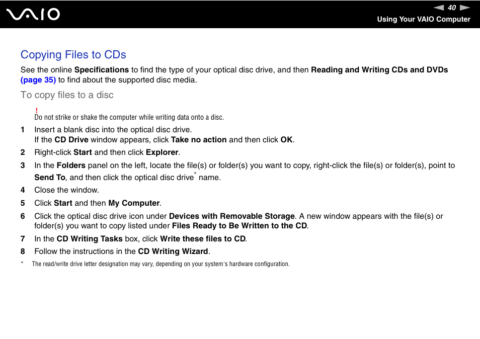 Copying files to cds | Sony VGN-FS Series User Manual | Page 40 / 150