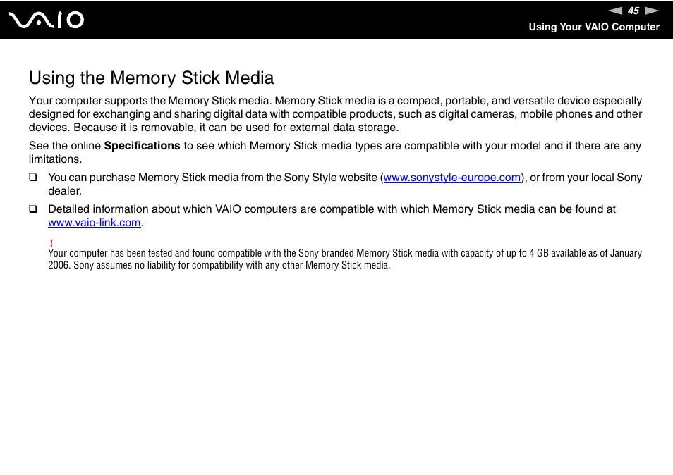 Using the memory stick media | Sony VGN-FS Series User Manual | Page 45 / 150